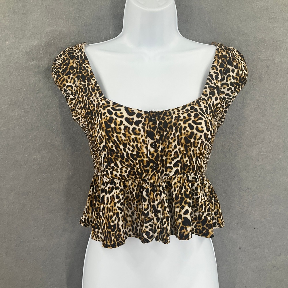 Love Tree Top Womens Sz S Leopard Print Smocked Babydoll Button Up Bohemian‎